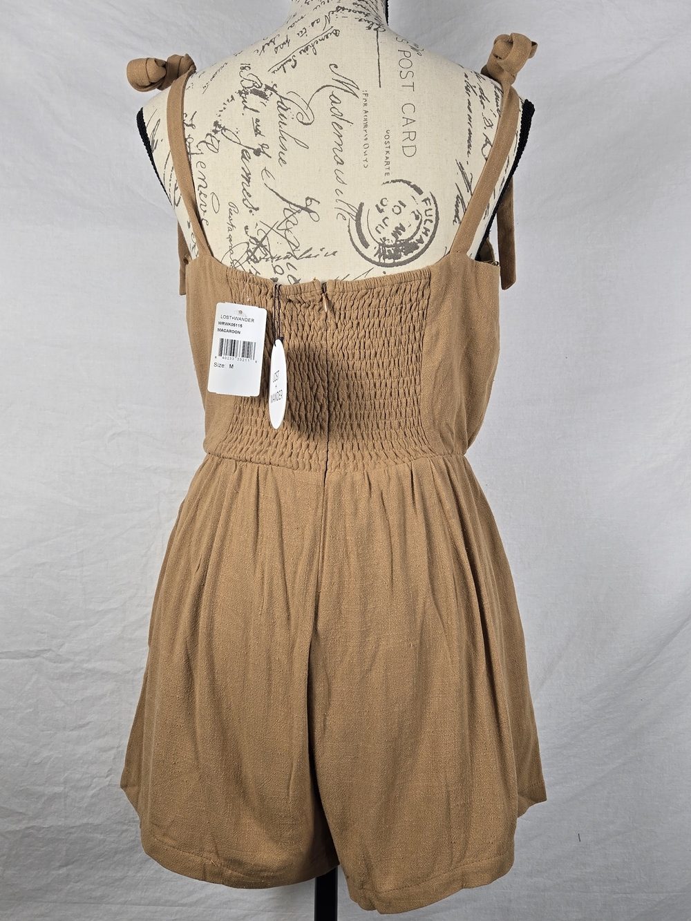 Lost + Wander Macaroon Tie Strap Linen Blend Romper Brown Tan NWT - Medium - Picture 3 of 9